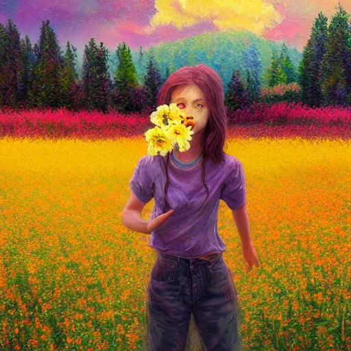 Image similar to girl with one blooming flower as a face, surreal photography, dream, standing in flower field, hills, big trees, sunrise dramatic light, impressionist painting, colorful clouds, digital painting, pointillism, artstation, simon stalenhag, flower face