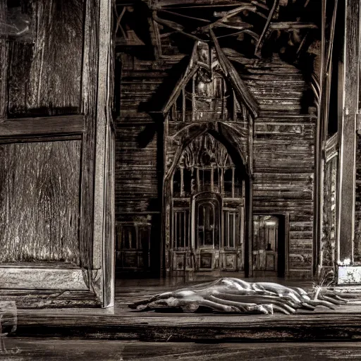 Image similar to shot of a monstruous creature inside of an old wooden church, louisiana, southern gothic,