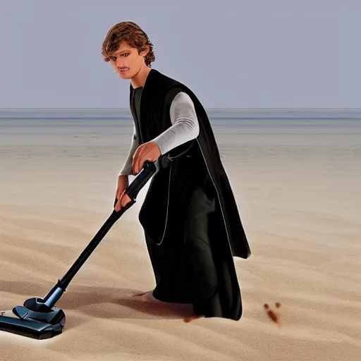 Image similar to anakin skywalker vacuuming the beach for sand, 4k, photorealistic,