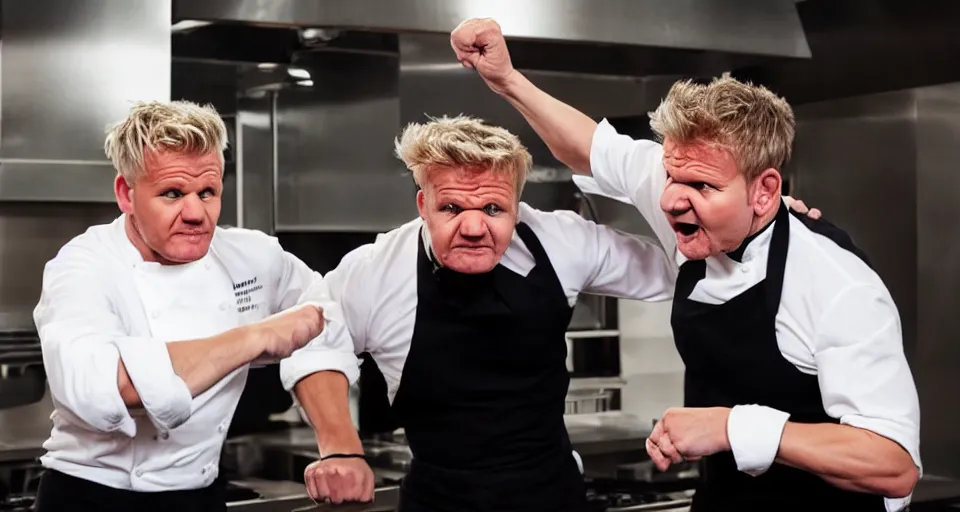 Image similar to photo of angry furious Gordon Ramsay punching Gordon Ramsay at the kitchen