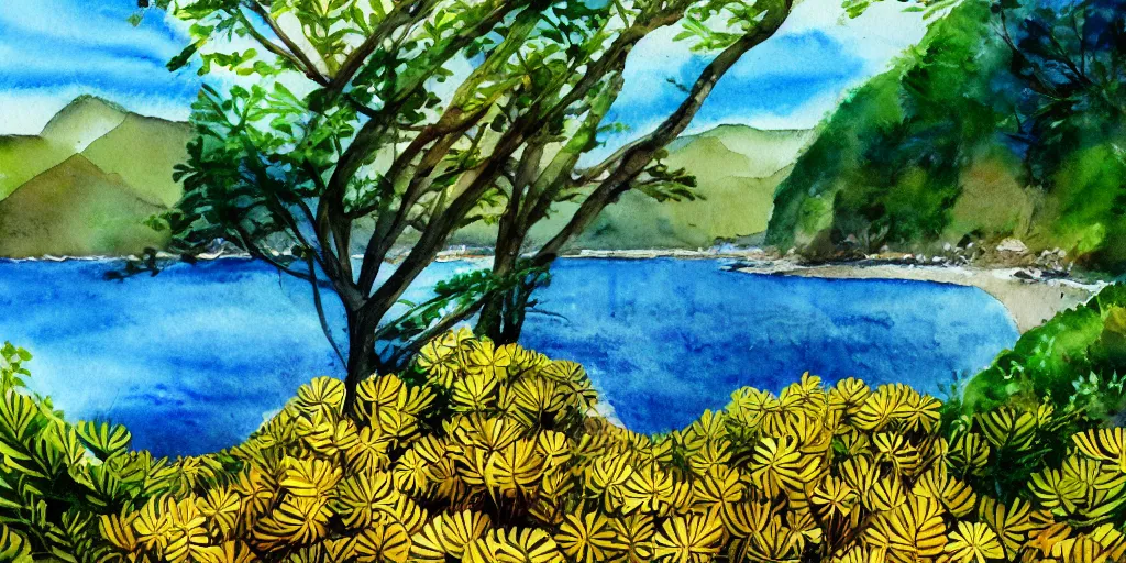 Prompt: golden bay new zealand, abel tasman, native NZ bush ferns, colorful watercolor painting, trending on artstation