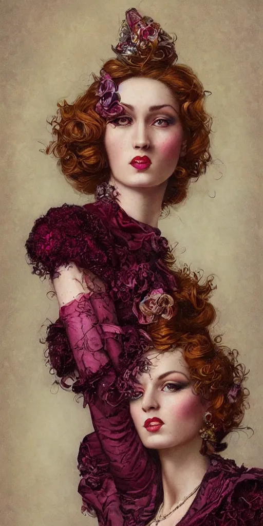 Image similar to a beautiful hyperrealistic portrait pose of a stunning Victorian burlesque model in a maroon-and-lilac collared dress looking happy, intricate, elegant, highly detailed, smooth, sharp focus, award-winning, masterpiece, in the style of Tom Bagshaw, Cedric Peyravernay, Peter Mohrbacher