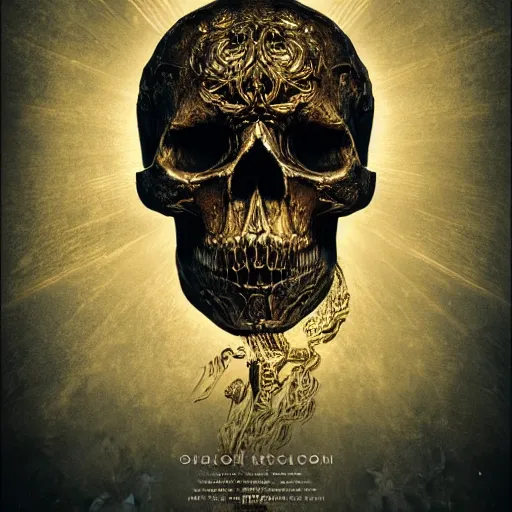 Prompt: ominous chiaroscuro baroque cinestill poster of a golden skull intricately decorated with ancient runic inscriptions and prophecy engravings. dramatic ray of light, octane render by elden ring, ominous dark background. deep aesthetics, ( lord of the rings : the return of the king 2 0 0 3 )