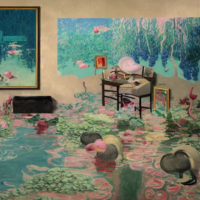 Image similar to painting of flood waters inside an artist's feminine bedroom, female emo art student, a river flooding indoors, pomegranates, pigs, ikebana, water, octopus, river, rapids, waterfall, black swans, canoe, berries, acrylic on canvas, surrealist, by magritte and monet