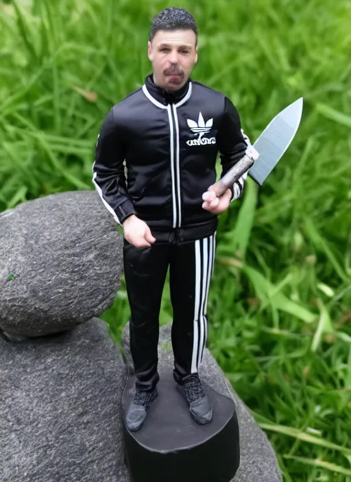 Prompt: 80mm resin detailed miniature of drunk man in black Adidas tracksuit holding knife, Product Introduction Photos, 4K, Full body