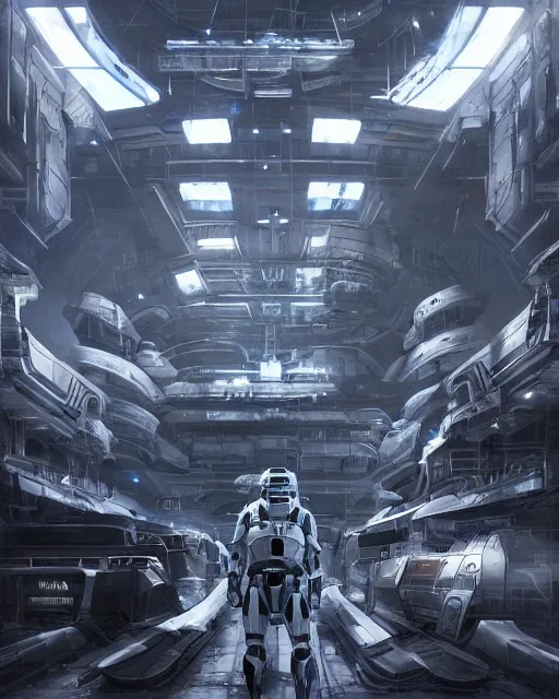 Prompt: establishing shot white heavy gunner stormtrooper in a massive mass effect halo robot factory at night,blue haze, volume metric lighting, retracing, unreal, concept art cyperpunk video game poster design with intricate details :: action, gears of war, smoke, post apocalyptic, deathstar, Battlestar Galactica, neon lighting, lens flare, rich vibrant colors, High contrast, blizzard concept artist, acrion, Ralph McQuarrie, Roger Deakins, syd mead