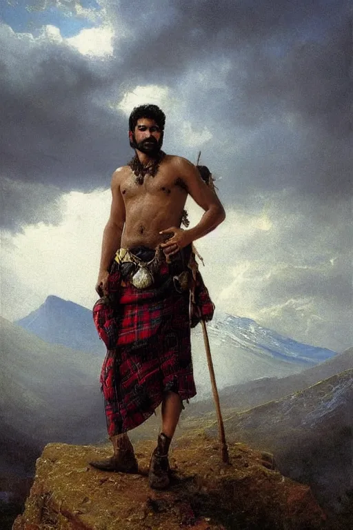 Prompt: a portrait by greg rutkowski and albert bierstadt of a handsome shirtless desi hiker on a mountain peak | he is wearing a tartan kilt, cowboy hat, and leather boots | he is holding a wizard staff | background is snowy mountains, snowflakes, sparks, and clouds | homoerotic, highly detailed, detailed face, dramatic, ethereal, dreamlike | trending on artstation