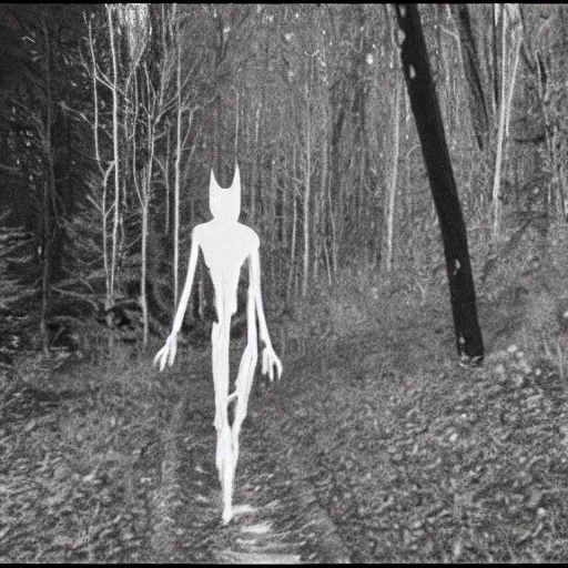 Prompt: trailcam footage of a skinny white bloody wendigo lurking, night time