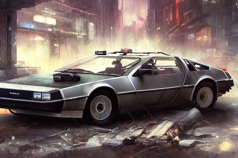 Image similar to photograph of the delorean, with a sleek spoiler, driving down the streets of a cyberpunk abandoned city, by greg rutkowski, by stanley artgerm, by alphonse mucha