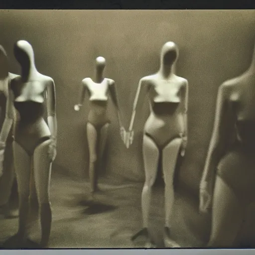 Image similar to dark room filled with shadowy mannequins with distorted features, distuburbing, horror, nightmare, terrifying, surreal, nightmare fuel, old polaroid, blurry, expired film, lost footage, found footage,