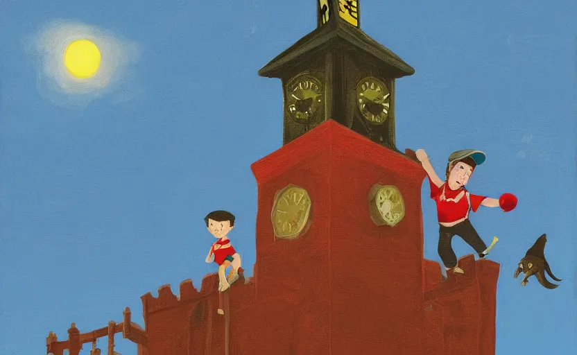 Image similar to a boy fighting a wolf on the edge of a clocktower, by oliver jeffers, gouche, print