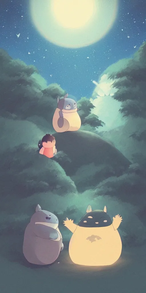 Image similar to glowing snorlax and totoro doing a picnic, mountain landscape, night sky, digital art, digital painting, celestial, majestic, colorful