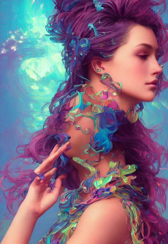 Image similar to beautiful, young woman, detailed gorgeous face, vaporwave aesthetic, synthwave, colorful, psychedelic, artstation, concept art, smooth, extremely sharp detail, finely tuned detail, ultra high definition, 8 k, unreal engine 5, ultra sharp focus, illustration, art by artgerm, greg rutkowski and alphonse mucha