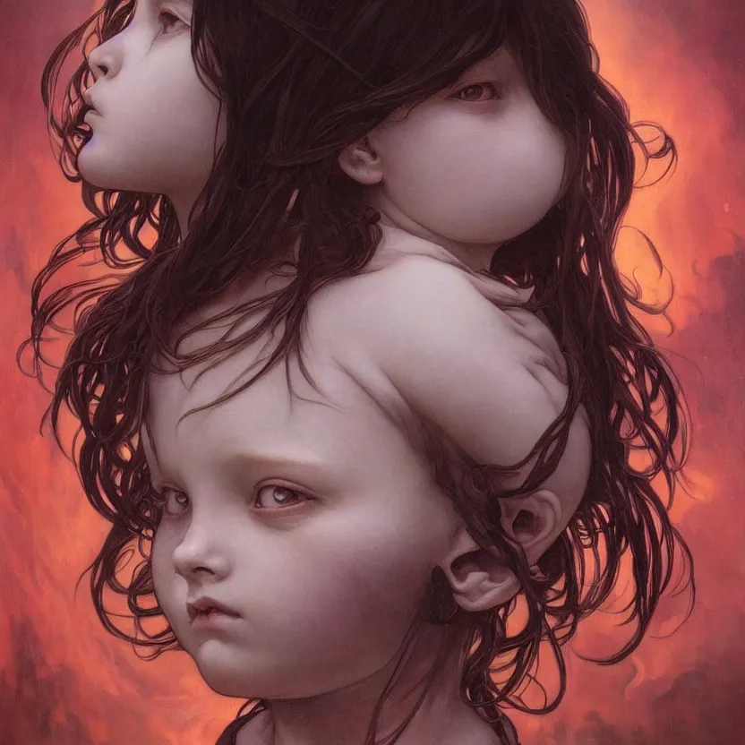 Prompt: a portrait of a child demon with dark hair!! by ross tran!!! and alphonse mucha and greg rutkowski! and gustav dore! and zdzisław beksinski!, in style of digital art illustration. symmetry. highly detailed face. fantasy, smooth, hyper detailed, sharp focus, soft light, trending on artstation, 4 k