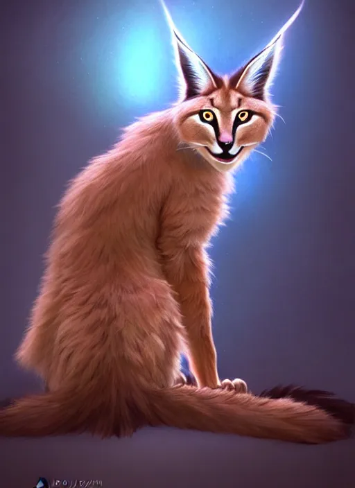 Image similar to cute fluffy caracal sitting politely, facing the camera, anime art style, wearing futuristic, led - lit armor, and a cannon mounted on his back, portrait, high detail, sharp focus, digital painting, artstation, concept art, art by hayao miyazaki and artgerm and greg rutkowski and alphonse mucha.