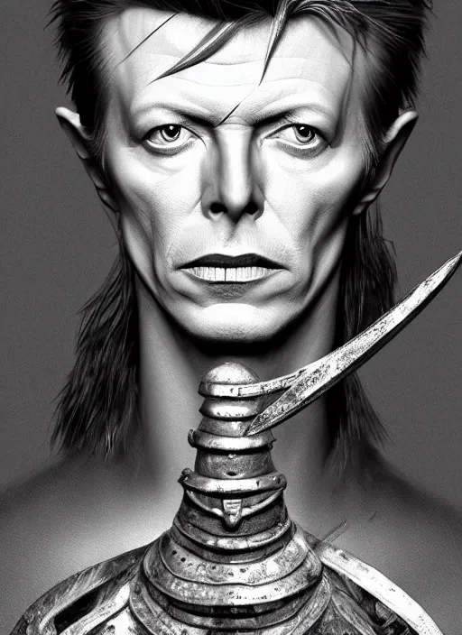 Image similar to masterpiece portrait david bowie, full body, dark souls style, warrior, gael knight, ashen warrior, detailed portrait, fantasy character portrait, top lighting, hyper detailed, digital painting, 8 k realistic, hyper detailed, realistic shaded, perfect face, artstation,