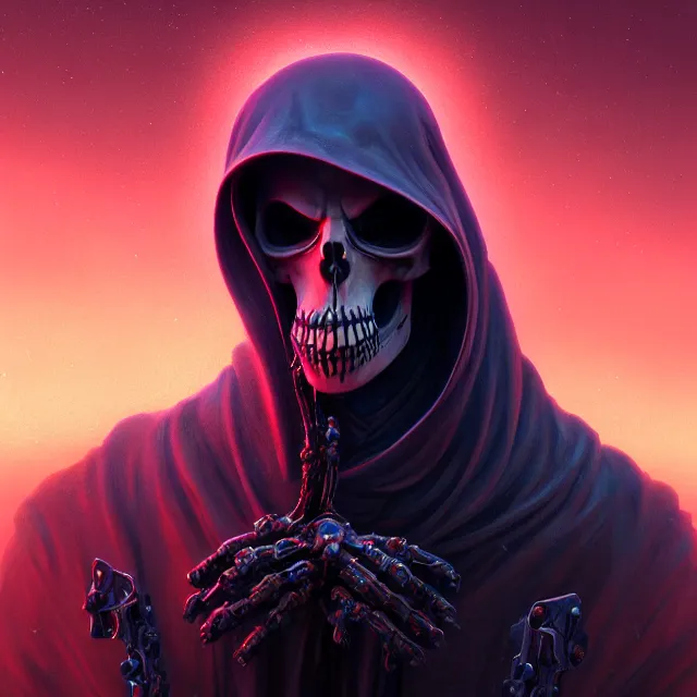 Prompt: Beautiful closeup portrait 3d render of the grim reaper with 8 arms, face portrait, atmospheric lighting, painted, intricate, volumetric lighting, beautiful, rich deep colors masterpiece, sharp focus, ultra detailed, in the style of Dan Mumford and marc simonetti, with a crowded futuristic cyberpunk city in the background, astrophotography