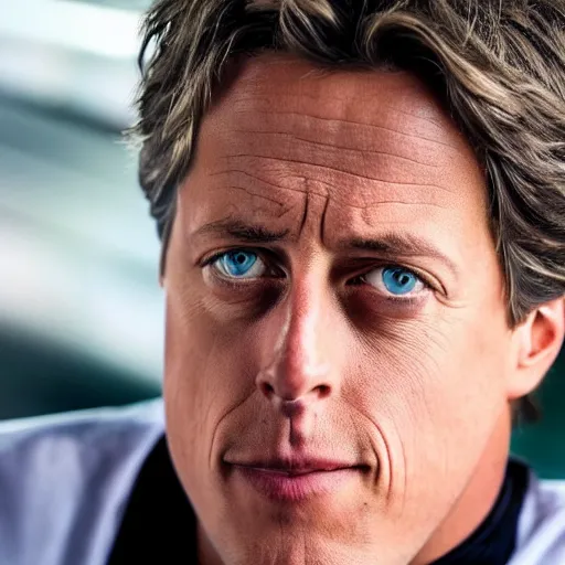 Image similar to cross between michael schumacher and hugh grant sits at a desk and stares at a screen with a concerned expression, optimal focal length