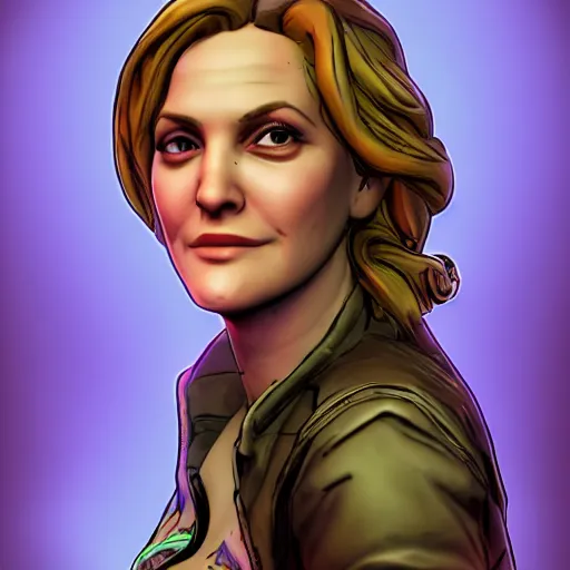 Image similar to drew barrymore portrait, borderlands, tales from the borderlands, the wolf among us, comic, cinematic lighting, studio quality, 8 k