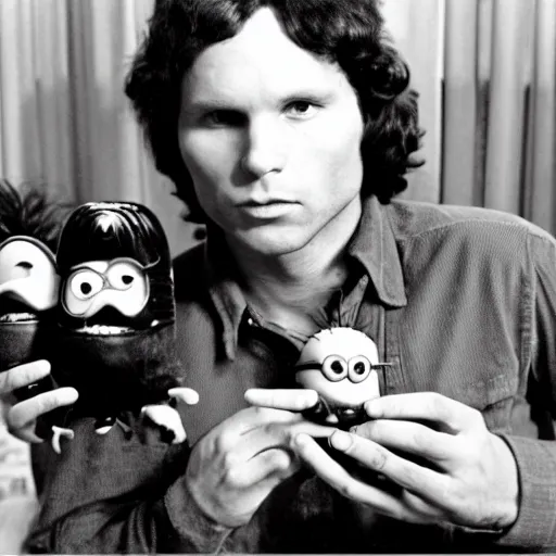 Prompt: jim morrison posing with minion toys in his hands, presented to the camera, black and white photography
