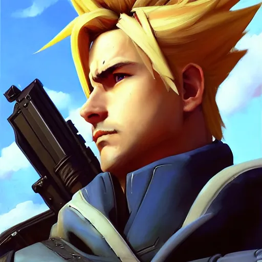 Image similar to Greg Manchess portrait painting o Cloud Strife as Overwatch character, medium shot, asymmetrical, profile picture, Organic Painting, sunny day, Matte Painting, bold shapes, hard edges, street art, trending on artstation, by Huang Guangjian and Gil Elvgren and Sachin Teng