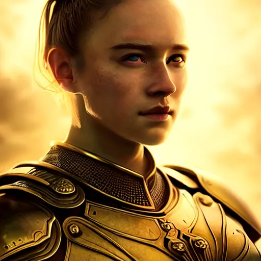 Image similar to attractive, aesthetically pleasing young woman portrait, partially clothed in metal-plated battle armor, atmospheric lighting, painted, intricate, volumetric lighting, beautiful, golden hour, sharp focus, ultra detailed, by Leesha Hannigan, Ross Tran, Thierry Doizon, Kai Carpenter,Ignacio Fernández Ríos