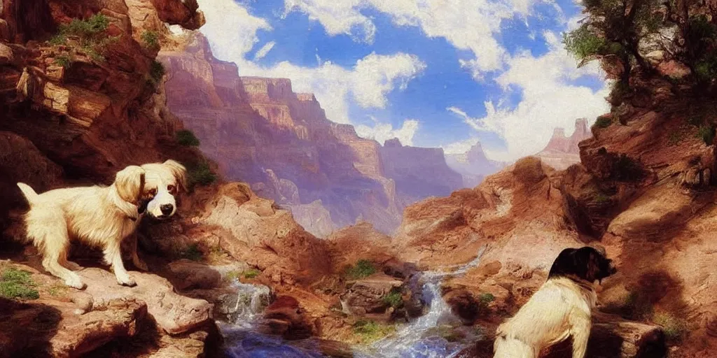 Prompt: two dogs in the grand canyon, stream, thomas moran, oil painting, highly detailed, masterpiece