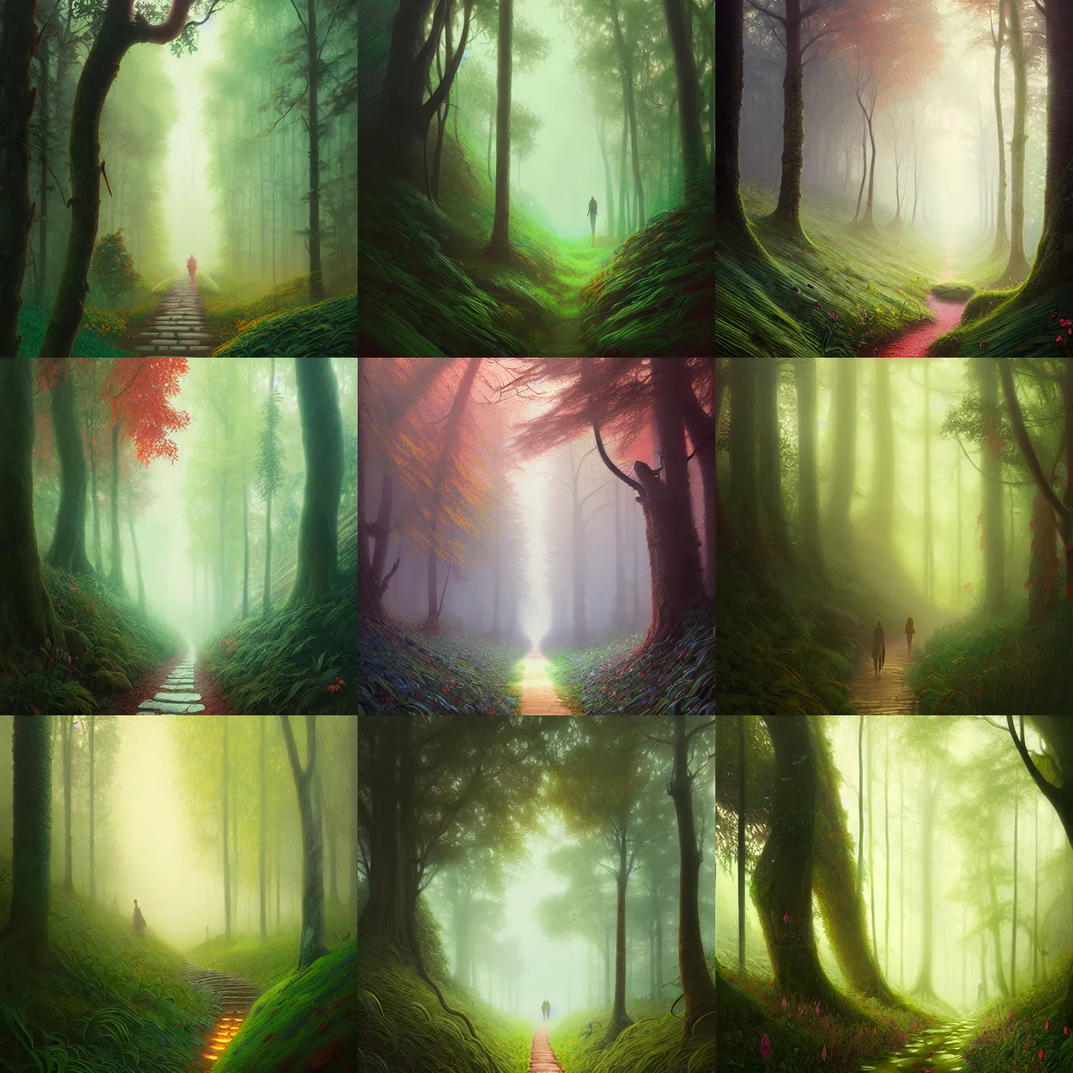 Prompt: path into lush forest, mysterious mist, path traced, highly detailed, high quality, digital painting, alena aenami, lilia alvarado, shinji aramaki, karol bak, alphonse mucha, tom bagshaw