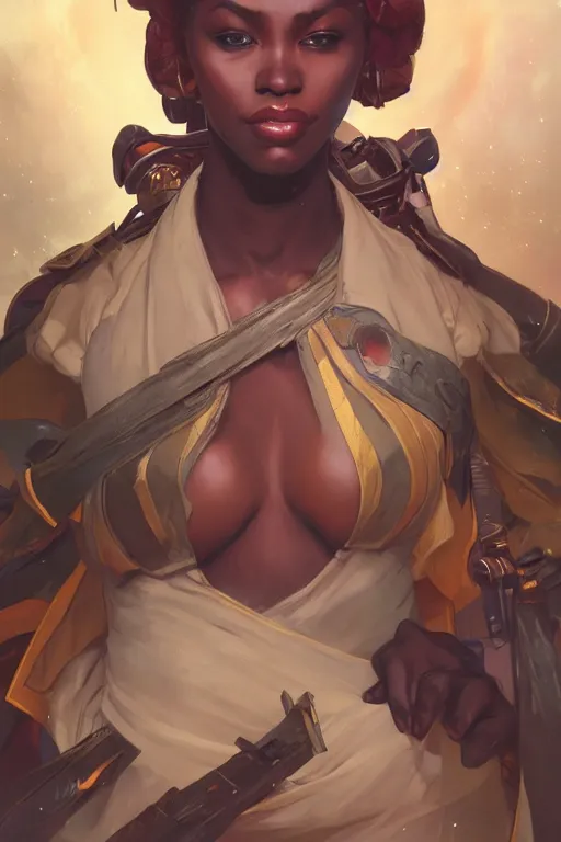 Image similar to heroic image of an african woman space pirate art by artgerm and greg rutkowski and alphonse mucha and Charlie Bowater Trending on artstation, artstationHD, artstationHQ, 4k, 8k