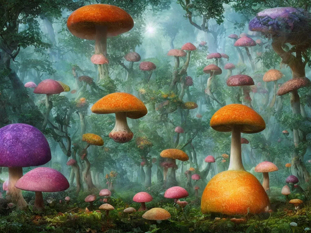 Image similar to The universe is a spheroid region of forest of enchanted mushrooms, 3d render, Sunlight Study, by Rachel Ruysch and ((((Lisa Frank)))), Art Nouveau, 8k, extreme detail, sharp focus, octane render