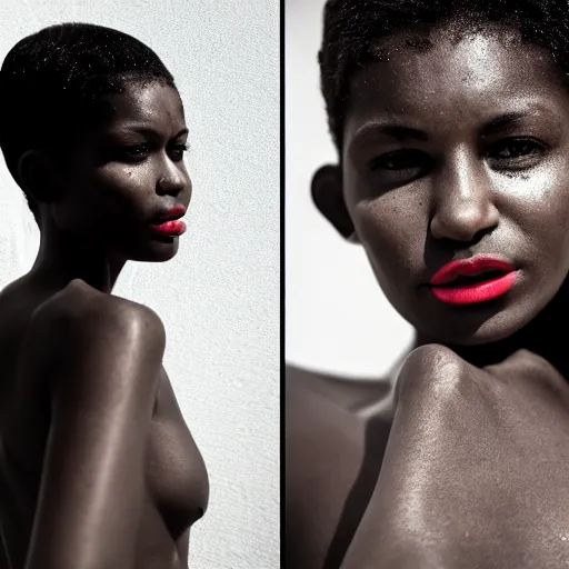 Prompt: portrait face of a beautiful gorgeous black edgy model girl with short hair, bikini, she's sad, sunset, street of africa, 8 0 mm lens, 1. 2 aperture, grainy image, close up, cinematic light, 8 k, 4 k, flair, neon lights, very detailed, depressing atmosphere, cover magazine