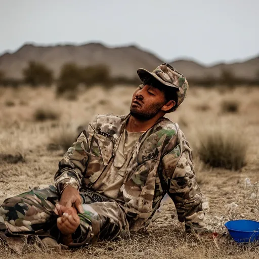 Image similar to portrait of a man wearing camuflage, army clothing, he ‘ s sitting in the desert eating some colorful crayons, beautiful composition, 5 0 mm f 1. 8, ambient light