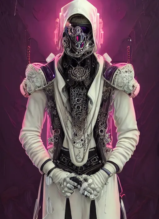 Prompt: a handsome male ornate cyborg with a white techwear mask, purple garment with art nouveau ivory accessories, dressed in black intricate lace and jewels, ethereal, misty, cyberpunk, darksynth, luxury, concept art by zeen chin, extremely detailed, artstation, andree wallin, edvige faini, alphonse mucha, 8 k, unreal engine 5