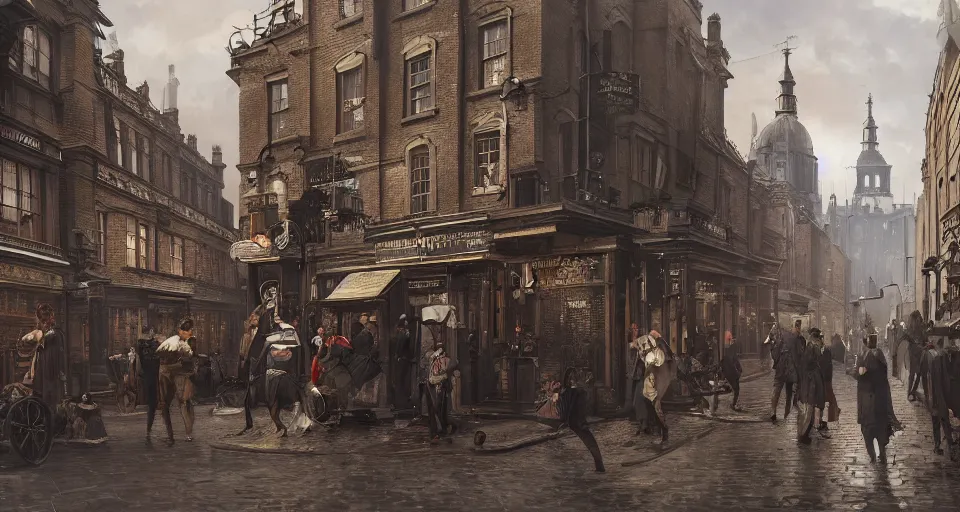 Image similar to victorian london, street scene, street level, whitechapel,hyperdetailed, artstation, cgsociety, 8k