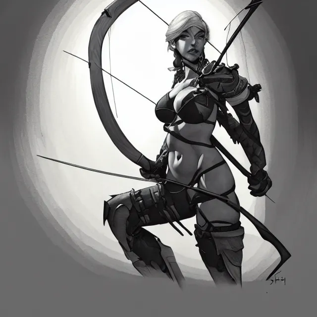 Image similar to a beautiful painting of a female archer with grey skin and a frost bow by Yoji Shinkawa, Drow Ranger, Dota, heavy line work, chiaroscuro lighting, beautiful and cool. Trending on ArtStation