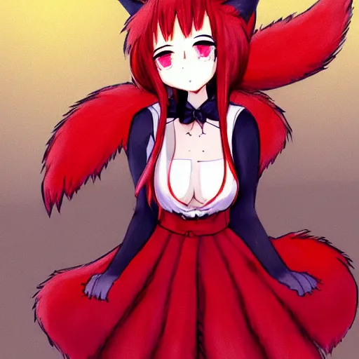 Image similar to cute anime foxgirl with two fox ears on her head and fluffy fox tail wearing red dress, art by Totempole