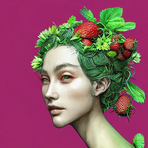 Prompt: the portrait of an absurdly beautiful, graceful, elegant, sophisticated woman made of strawberries and green petals, an ultrafine hyperdetailed illustration by james jean, kim jung gi, irakli nadar, intricate linework, bright colors, octopath traveler, final fantasy, unreal engine 5 highly rendered, global illumination, radiant light, detailed and intricate environment