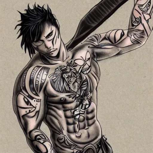 Image similar to muscular bald man, tattooed body, sword in hands, HD, anime style,