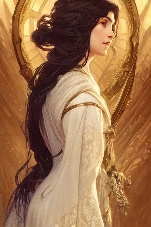 Image similar to full body portrait of priestess, D&D, fantasy, intricate, elegant, highly detailed, digital painting, artstation, concept art, smooth, sharp focus, illustration, art by artgerm and greg rutkowski and alphonse mucha