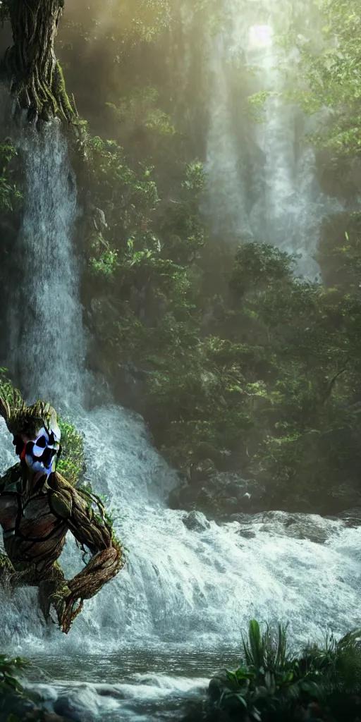 Image similar to photorealistic wide shot portrait of Groot under waterfall, octane render, unreal engine 4k, volumetric light, fog, detailed