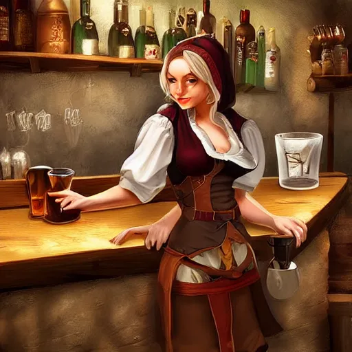 Image similar to medieval barmaid in tavern, trending on artstation