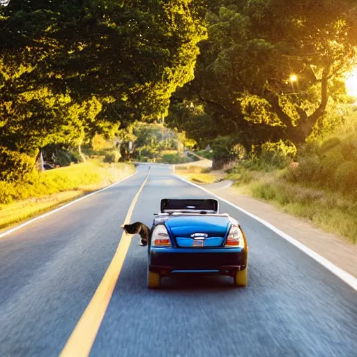 Image similar to convertible with cat driving on road, clear sky, golden hour, unobstructed road