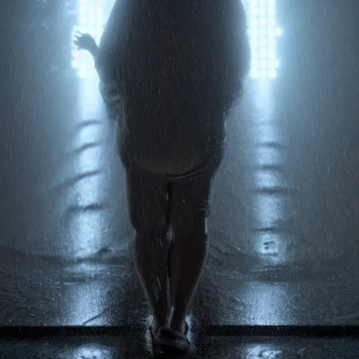 Image similar to a human made out of rain, neon, rendered in octane, unreal engine, highly detailed, realistic, beautiful, emotional