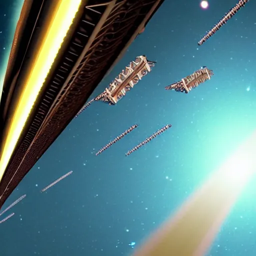 Image similar to wide shot of flying train track in space orbit around planet earth, epic award winning cinematic still