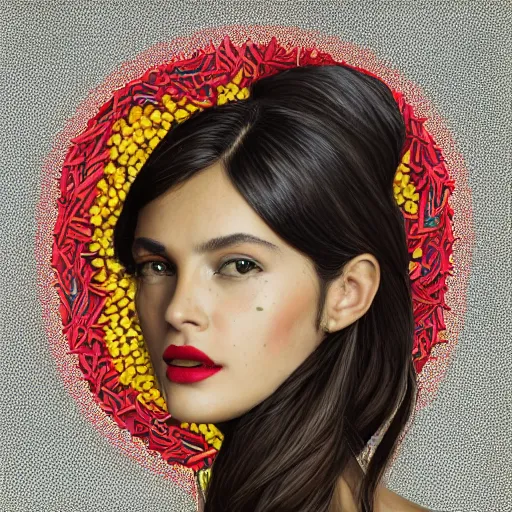 Image similar to the portrait of a beautiful and elegant young hispanic woman made up of peppers, an ultrafine detailed illustration by james jean, intricate linework, bright colors, final fantasy, behance contest winner, vanitas, angular, altermodern, unreal engine 5 highly rendered, global illumination, radiant light, detailed and intricate environment