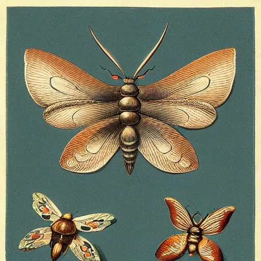 Image similar to a group of bugs and moths on a white background, an illustration of by earnst haeckel from 1 8 5 8. trending on pinterest, cloisonnism, photoillustration, poster art