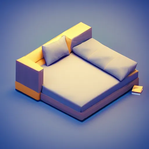 Image similar to a simple cute 3 d object of the bed, isometric game, isometric art, centralised, mohamed chahin, blender cycles render, medium poly, solid colours material, no background and shadows