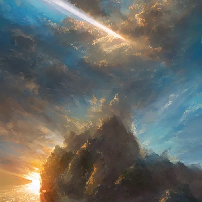 Image similar to let this radiance illuminate the sky, the earth, the sea. nay, it shall be for all mankind! bright ehangwen!, trending on artstation