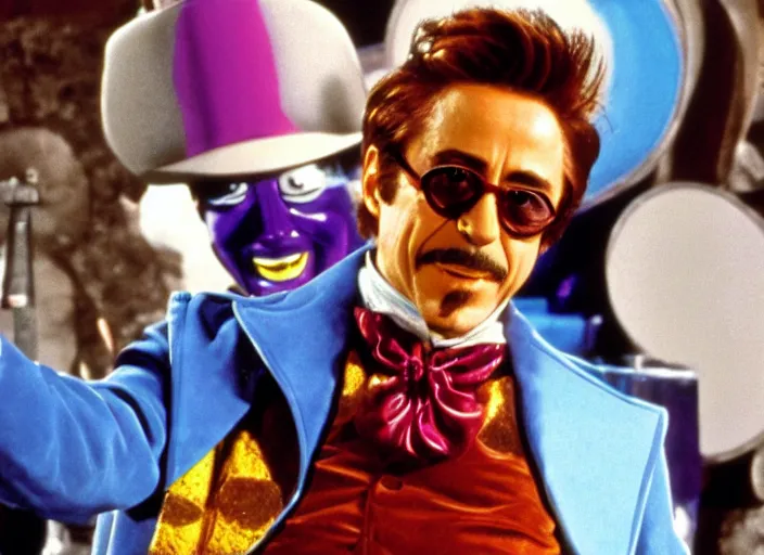 Image similar to film still of Robert Downey Jr as Willy Wonka in Willy Wonka and the Chocolate Factory 1971