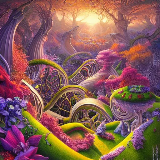 Image similar to cosmic garden ridge nature photography intricate details fantasy art nouveau weird by artgerm, frank gehry, evgeny lushpin, m. c. escher, rhads, john howe, lisa frank, greg rutkowski